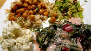 Indian Curried Chick Peas on Quinoa with Holy Basil, Brussels Sprouts in Ghee with Maple Syrup and Toasted Walnuts, Creamed Red Swiss Chard, Jicama, Fennel and Apple Salad