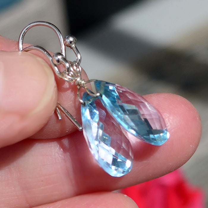 Blue Topaz Faceted Teardrop Hanging Earrings