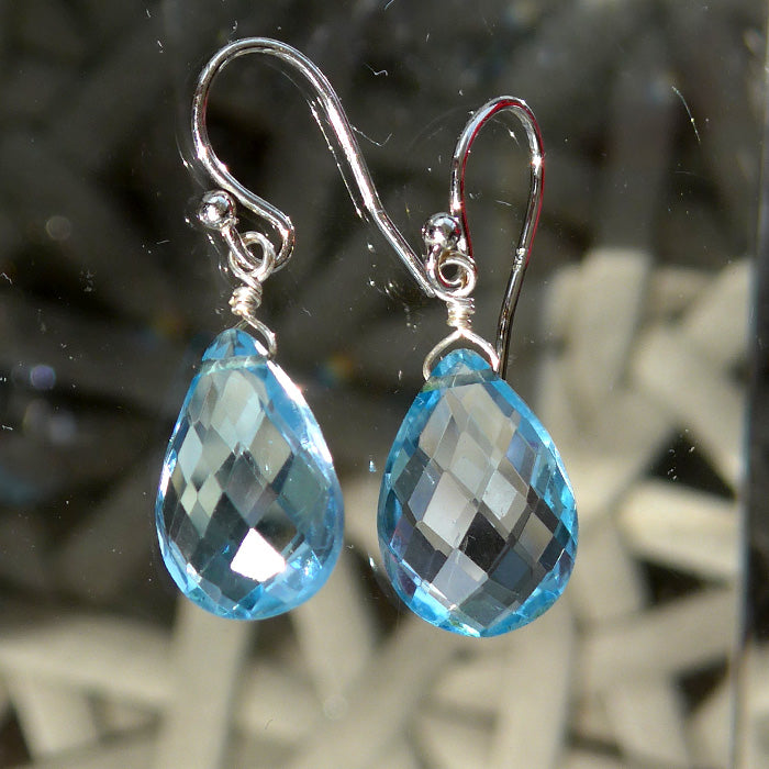 Blue Topaz Faceted Teardrop Hanging Earrings
