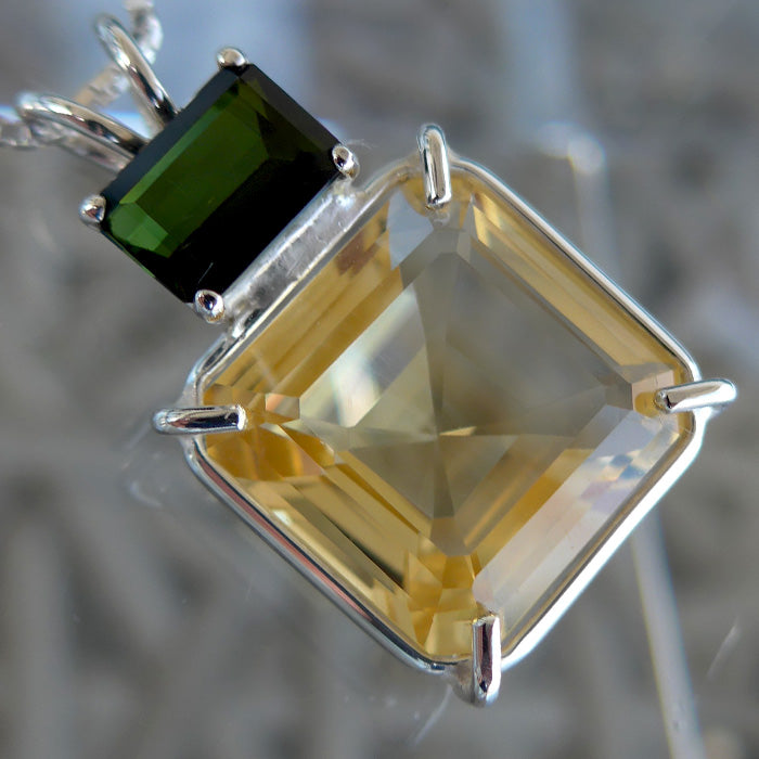 Citrine Earth Heart Crystal with Emerald Cut Green Tourmaline Crown