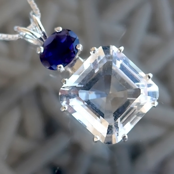 Clear Quartz Earth Heart Pendant with Oval Iolite Crown