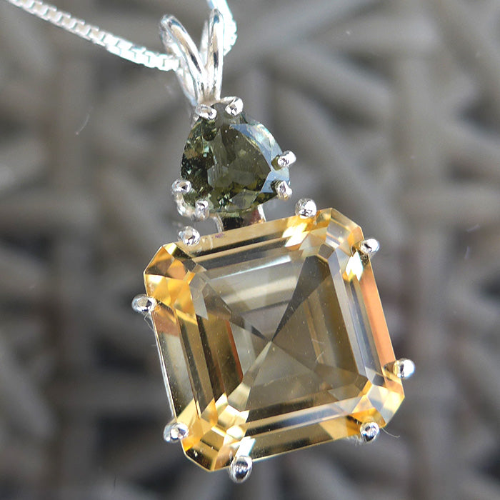Citrine Earth Heart Pendant with Trillion Moldavite Crown