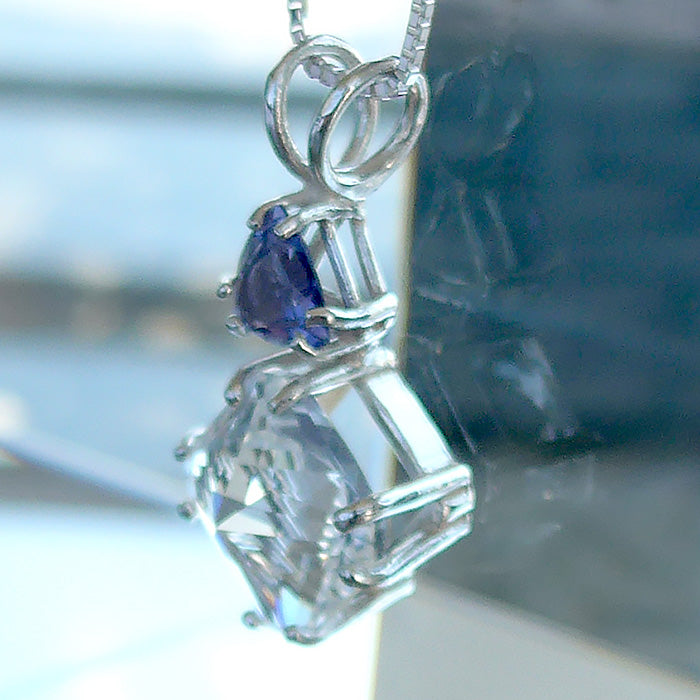 Clear Quartz Mini Magician Stone Pendant with Trillion Violet Hued Iolite Crown