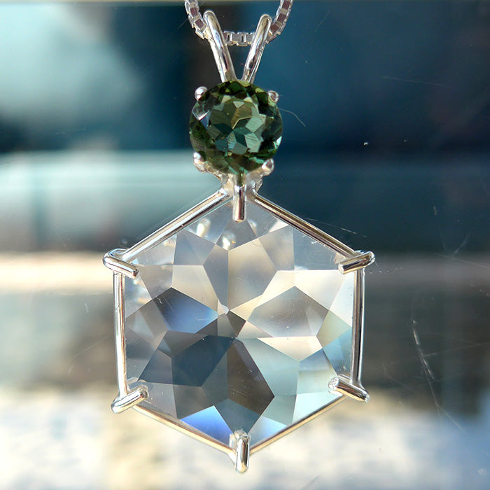 Clear Flower of Life Pendant with Round Moldavite Topstone