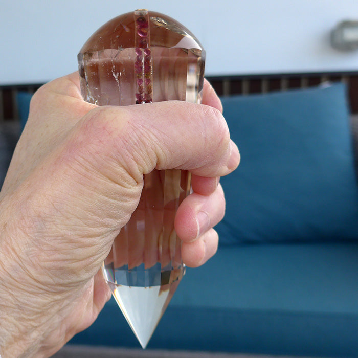 DOUBLE PRICE DROP: 18 Sided Garnet Filled Gold Capped Pale Smoky Quartz Energy Healing Wand