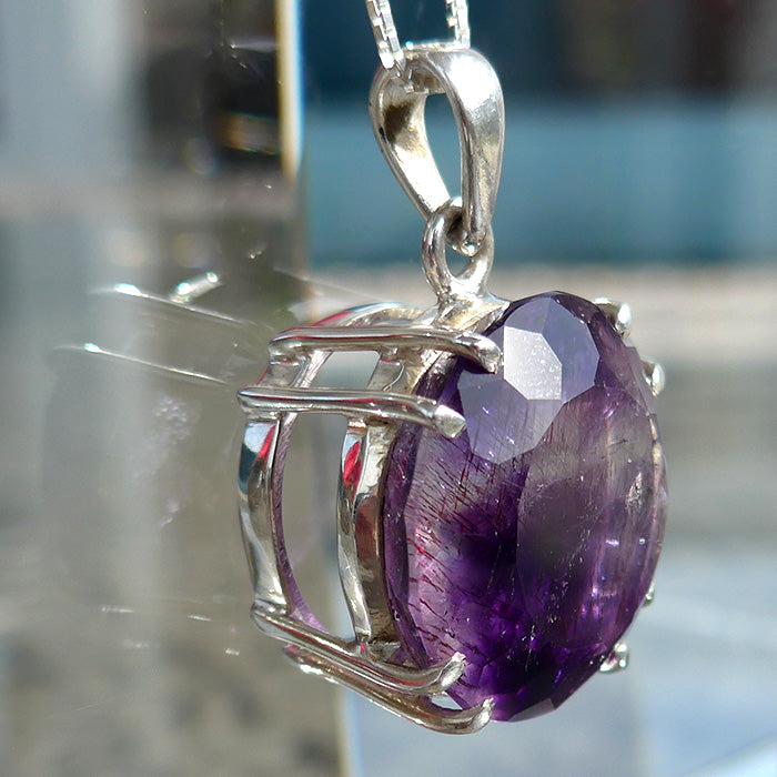 Round Purple Splash Rutilated Amethyst Pendant with Lepidocrocite