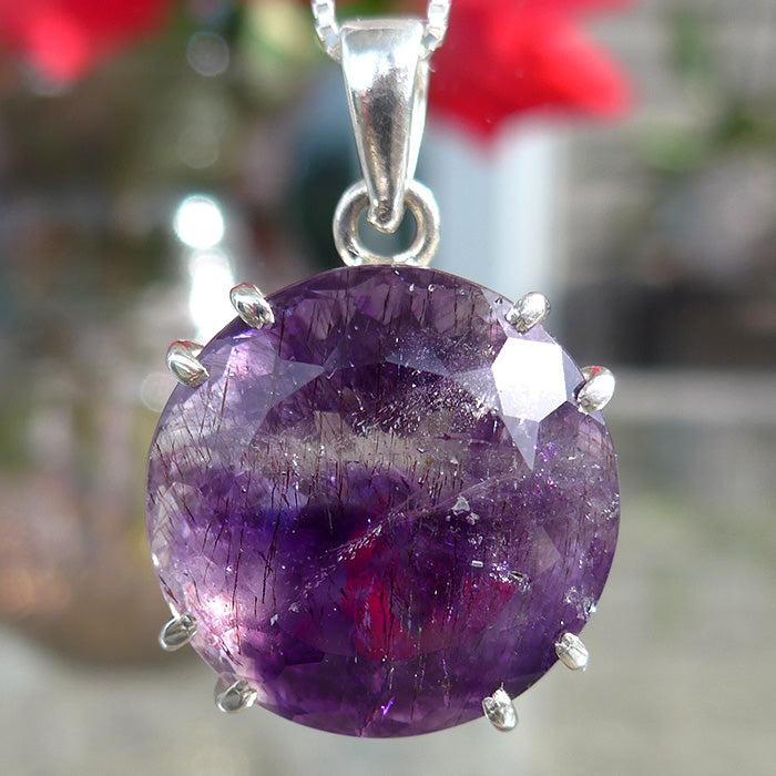Round Purple Splash Rutilated Amethyst Pendant with Lepidocrocite