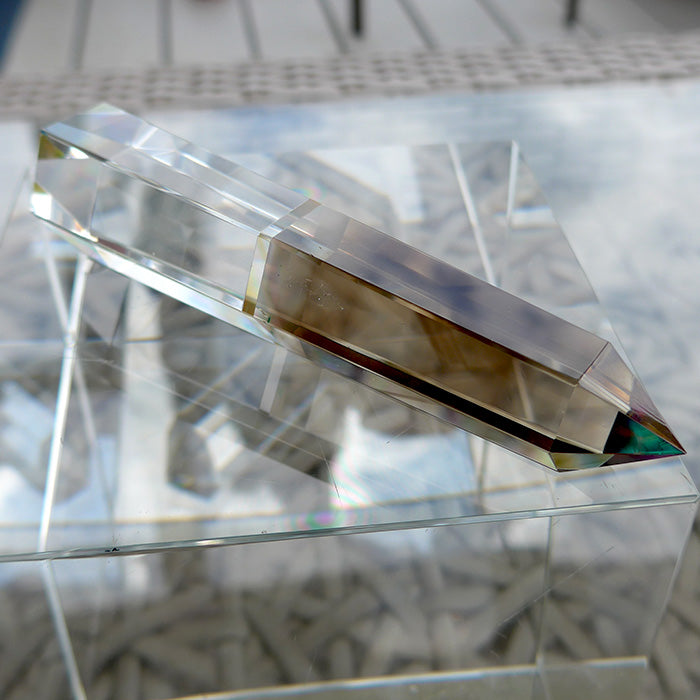 Hexagonal Magic Rainbow Dichroic Glass Smoky Phantom and Lemurian Quartz Vogel Wand by Kings Amao