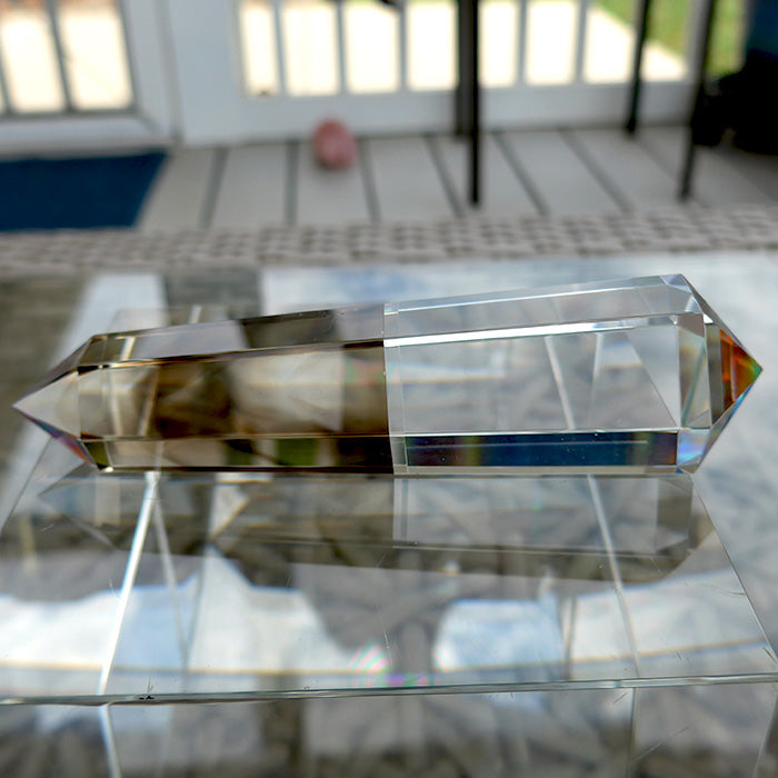 Hexagonal Magic Rainbow Dichroic Glass Smoky Phantom and Lemurian Quartz Vogel Wand by Kings Amao