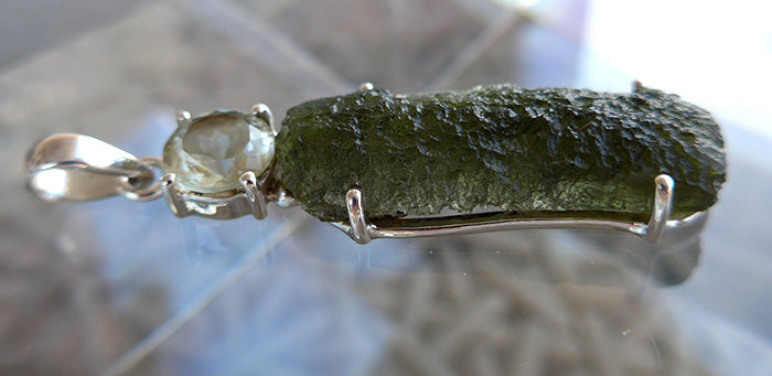 Long Unpolished Moldavite Pendant with Round Libyan Desert Glass Crown