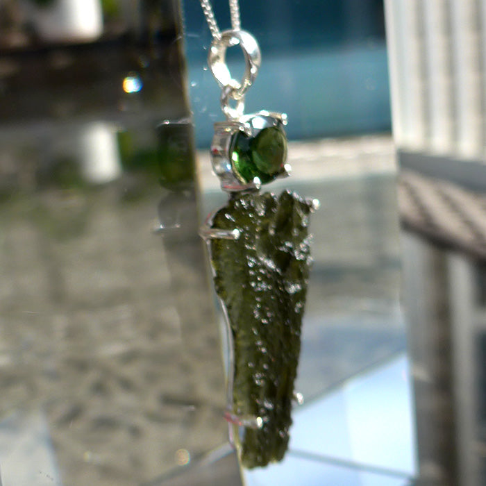 Long Unpolished Moldavite Pendant with Giant Oval Moldavite Gemstone Crown