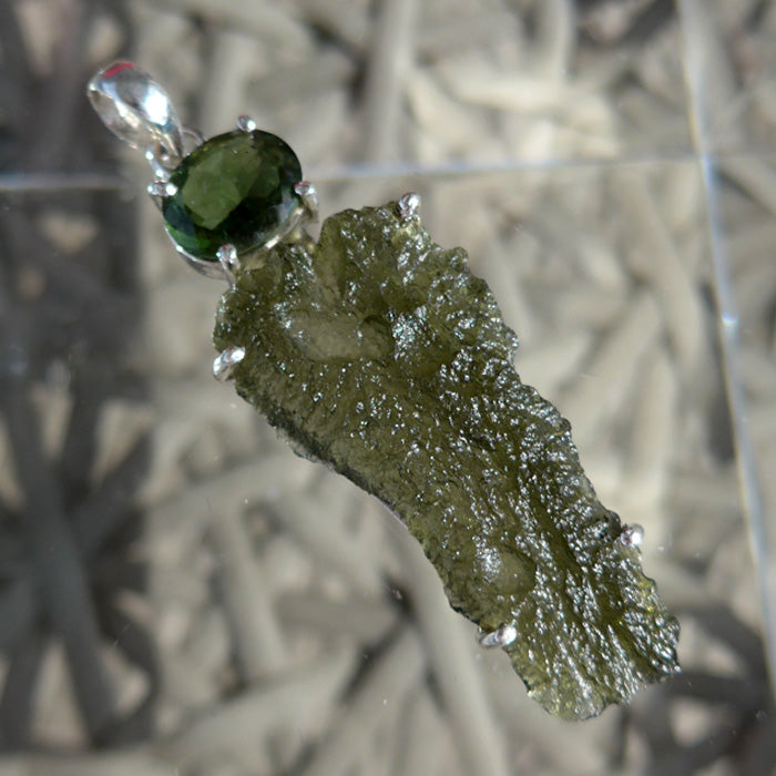 Long Unpolished Moldavite Pendant with Giant Oval Moldavite Gemstone Crown