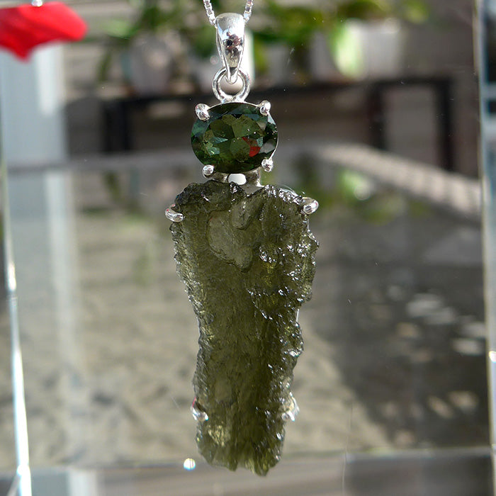 Long Unpolished Moldavite Pendant with Giant Oval Moldavite Gemstone Crown