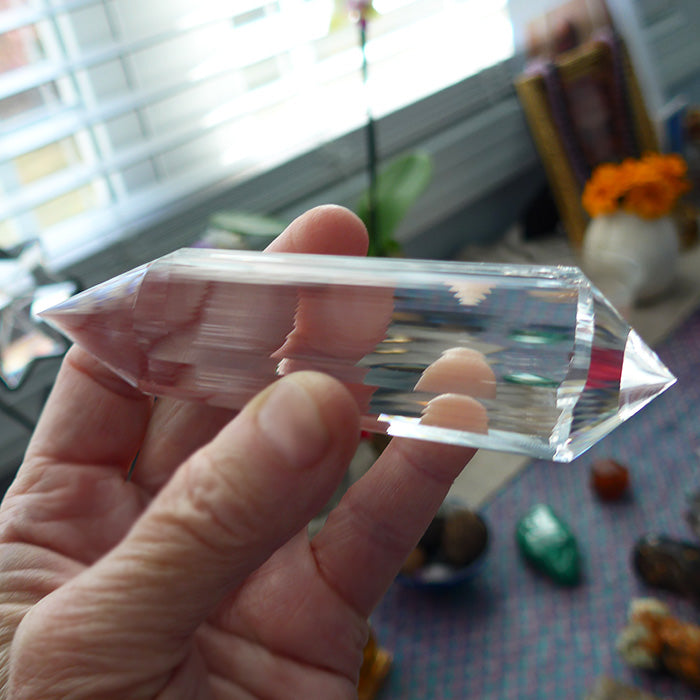 COLLECTOR'S ITEM: Triangular 3 Convex Channel 6 Gate Master Cut 72 Facet Golden Dolphin Osiris Vogel Phi Crystal Healing Wand