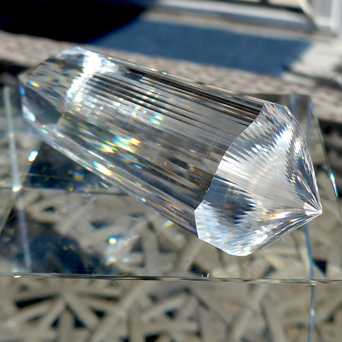 COLLECTOR'S ITEM: Triangular 3 Convex Channel 6 Gate Master Cut 72 Facet Golden Dolphin Osiris Vogel Phi Crystal Healing Wand