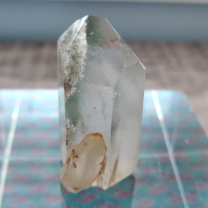 Polished Phantom Dream Lemurian Point with Twin and Chlorite