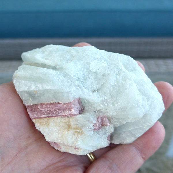 Large Raw Aquamarine Nugget with Pink Tourmaline Rods