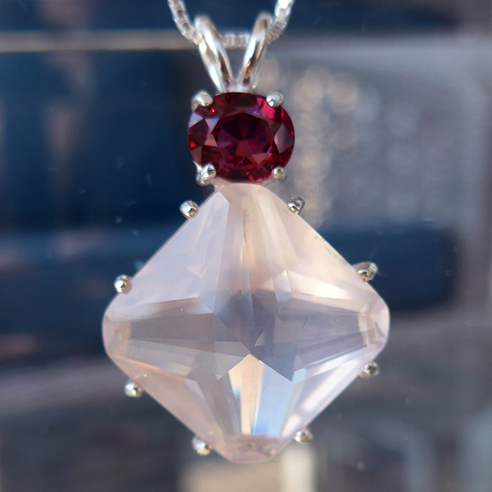 Rose Quartz Large Magician Stone Pendant with Oval Red Spinel