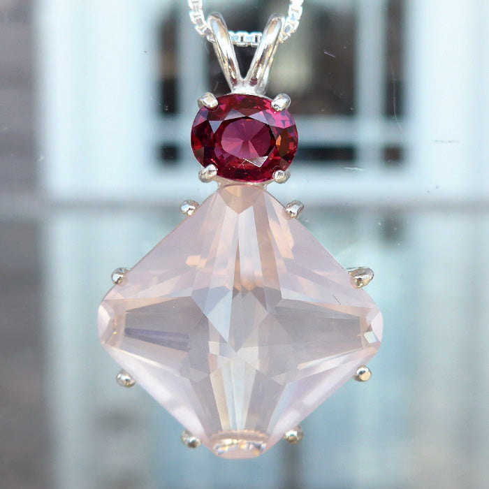 Rose Quartz Large Magician Stone Pendant with Oval Red Spinel