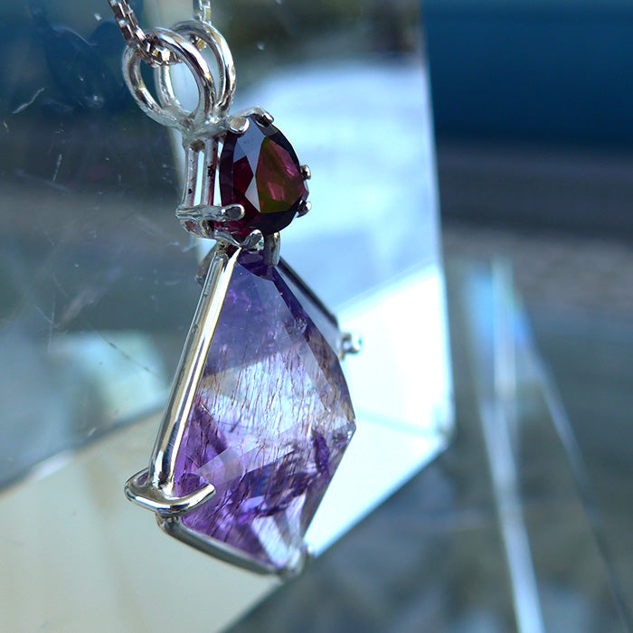 Rutilated Amethyst Magician Stone with Rhodolite Garnet