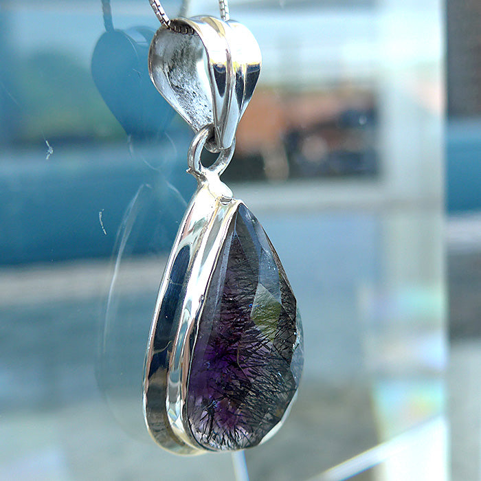Purple Splash Espiritu Santo Rutilated Amethyst Teardrop Pendant