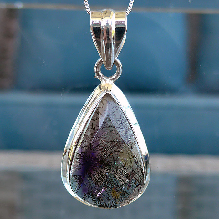 Purple Splash Espiritu Santo Rutilated Amethyst Teardrop Pendant