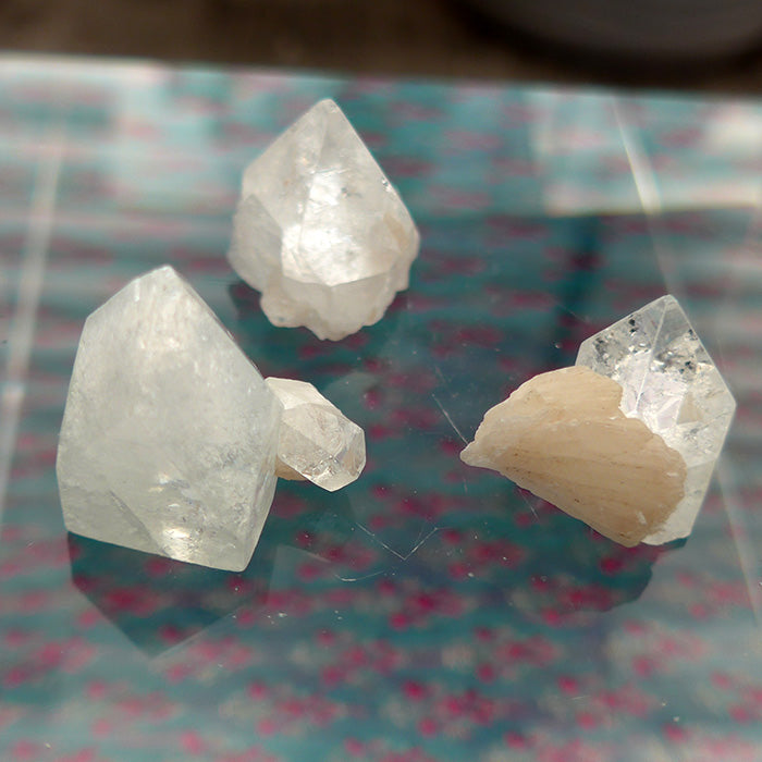 Three Gemmy Apophyllite Pyramids with Stilbite