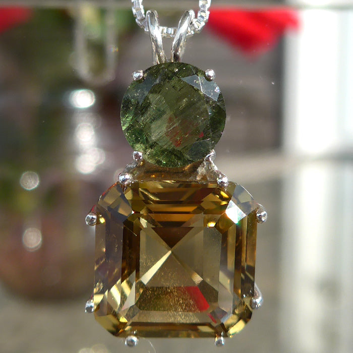 Citrine Earth Heart Pendant with 10 mm Round Moldavite Gemstone