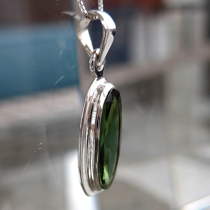 Price Plunge: Long Faceted Oval Moldavite Bezel Set Pendant