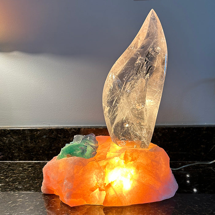 Clear Flame Lamp in Rose Quartz Base with Green Fluorite