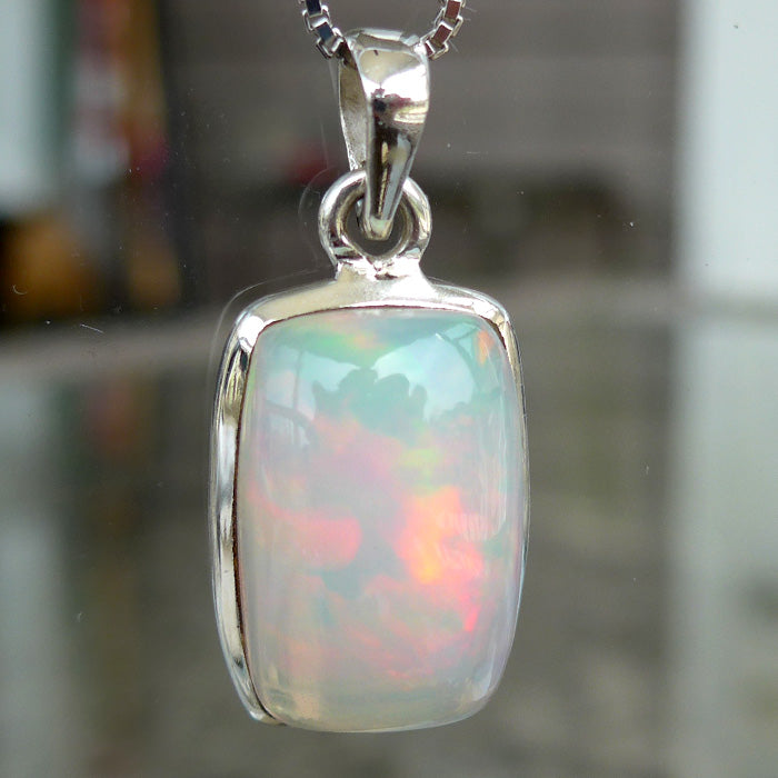 Lovely Flashing Ethiopian Opal Rectangular Cabochon Pendant