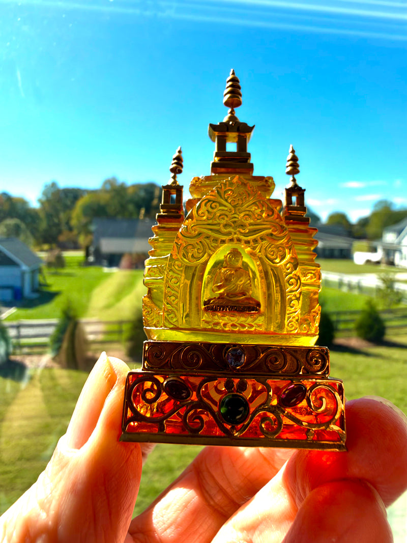 22 Karat Gold Gem Studded Amber Pagoda with Amethyst Buddha Altarpiece by Pedro Michel