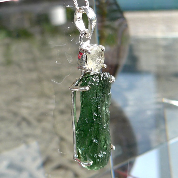 Long Unpolished Moldavite Pendant with Round Libyan Desert Glass Crown