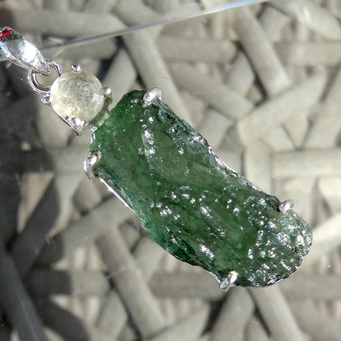 Long Unpolished Moldavite Pendant with Round Libyan Desert Glass Crown