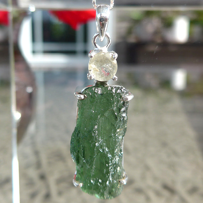 Long Unpolished Moldavite Pendant with Round Libyan Desert Glass Crown