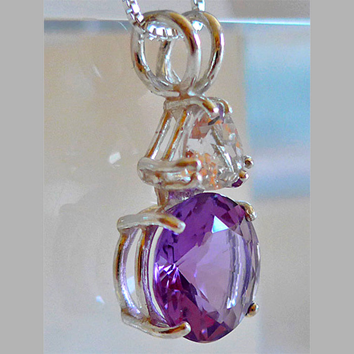 Brilliant Cut Amethyst Pendant with Trillion White Topaz Crown in Sterling Silver