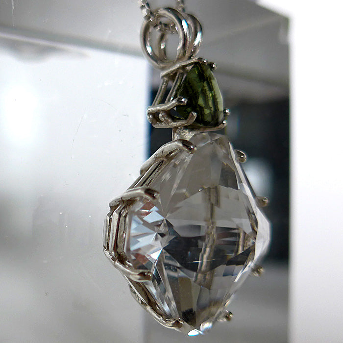 Clear Quartz Large Magician Stone with Trillion Moldavite Basket Setting