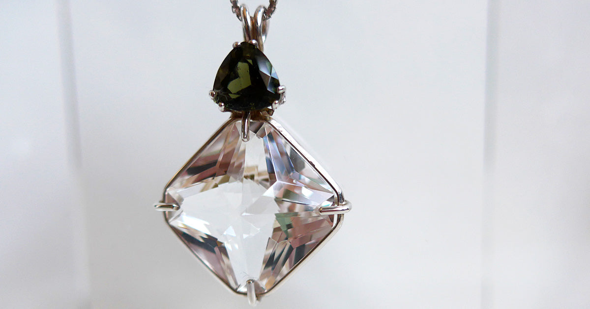 Clear Quartz Large Magician Stone with Moldavite Prong Setting