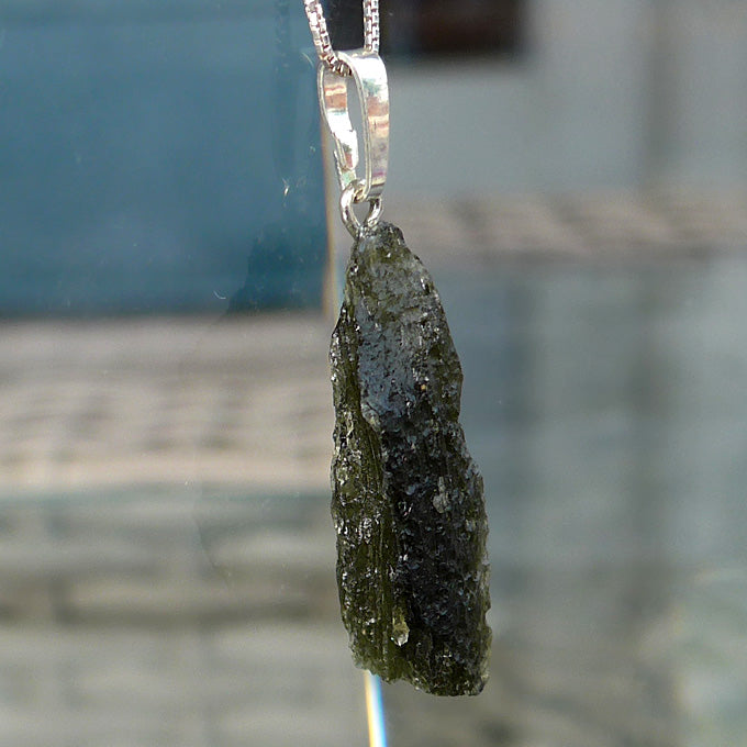 Unpolished Tall Rectangular Moldavite Pendant