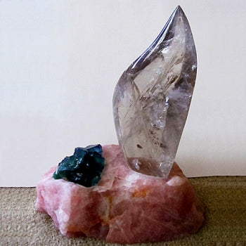 Clear Flame Lamp in Rose Quartz Base with Green Fluorite