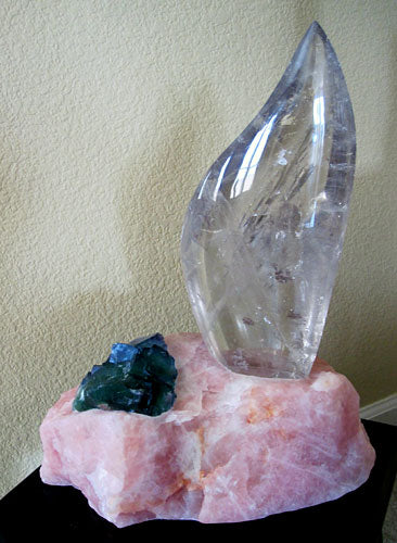 Clear Flame Lamp in Rose Quartz Base with Green Fluorite