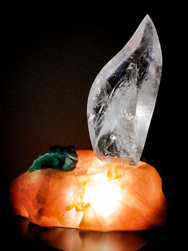 Clear Flame Lamp in Rose Quartz Base with Green Fluorite