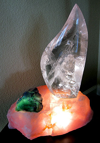 Clear Flame Lamp in Rose Quartz Base with Green Fluorite
