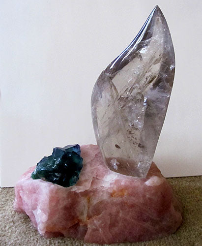 Clear Flame Lamp in Rose Quartz Base with Green Fluorite