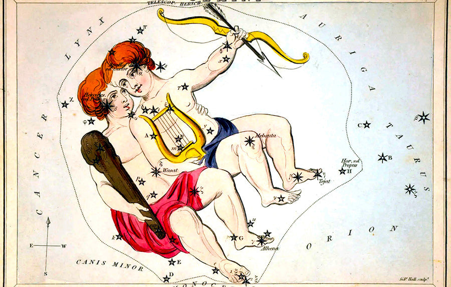 "Gemini", plate 18 in Urania's Mirror, a set of celestial cards accompanied by A familiar treatise on astronomy ... by Jehoshaphat Aspin. London. Astronomical chart, 1 print on layered paper board : etching, hand-colored, 1825.