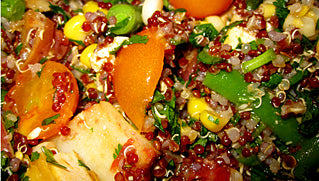 Summer Quinoa Salad with Vegetables served with Tomato, Peach & Corn Relish