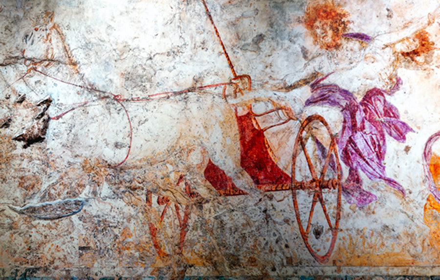 Hades Abducting Persephone, wall painting in the small royal tomb at Vergina. Macedonia, Greece, from Le Musée absolu, Phaidon, 10-2012, Public domain, via Wikimedia Commons