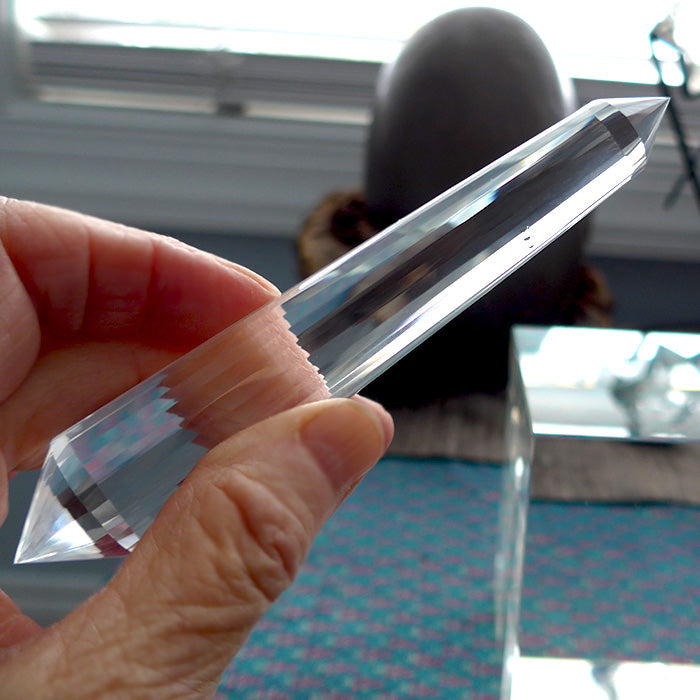 Long Slender 24 Facet Himalayan Quartz Vogel Wand with Manifestation Stone
