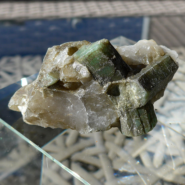 Large Emerald Rods in Rose Quartz Matrix