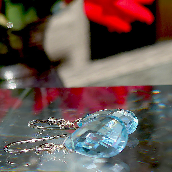 Blue Topaz Faceted Teardrop Hanging Earrings